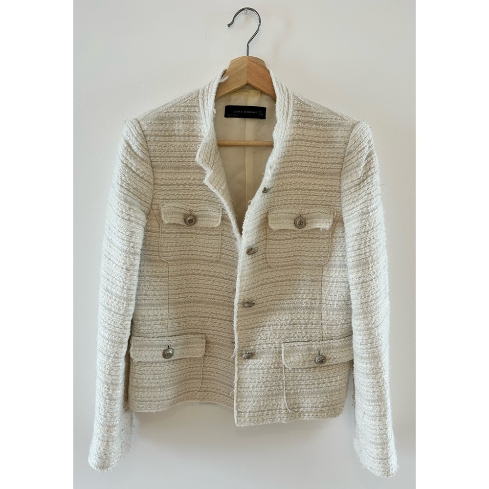 Zara White Wool Tweed Knit Shimmer Button Down Military Blazer Jacket